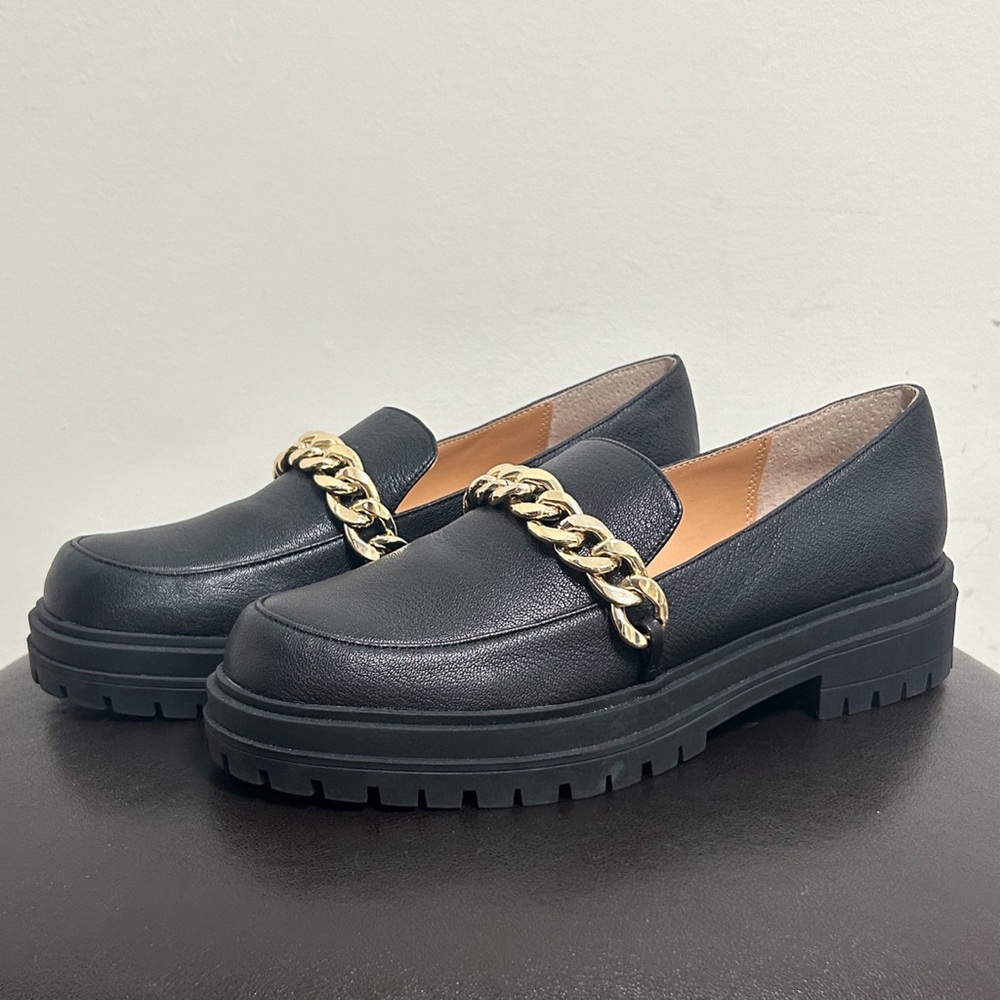 Jessica Simpson Black Pebble Leather Gold Tone Chain Disila Platform Loafers 10
